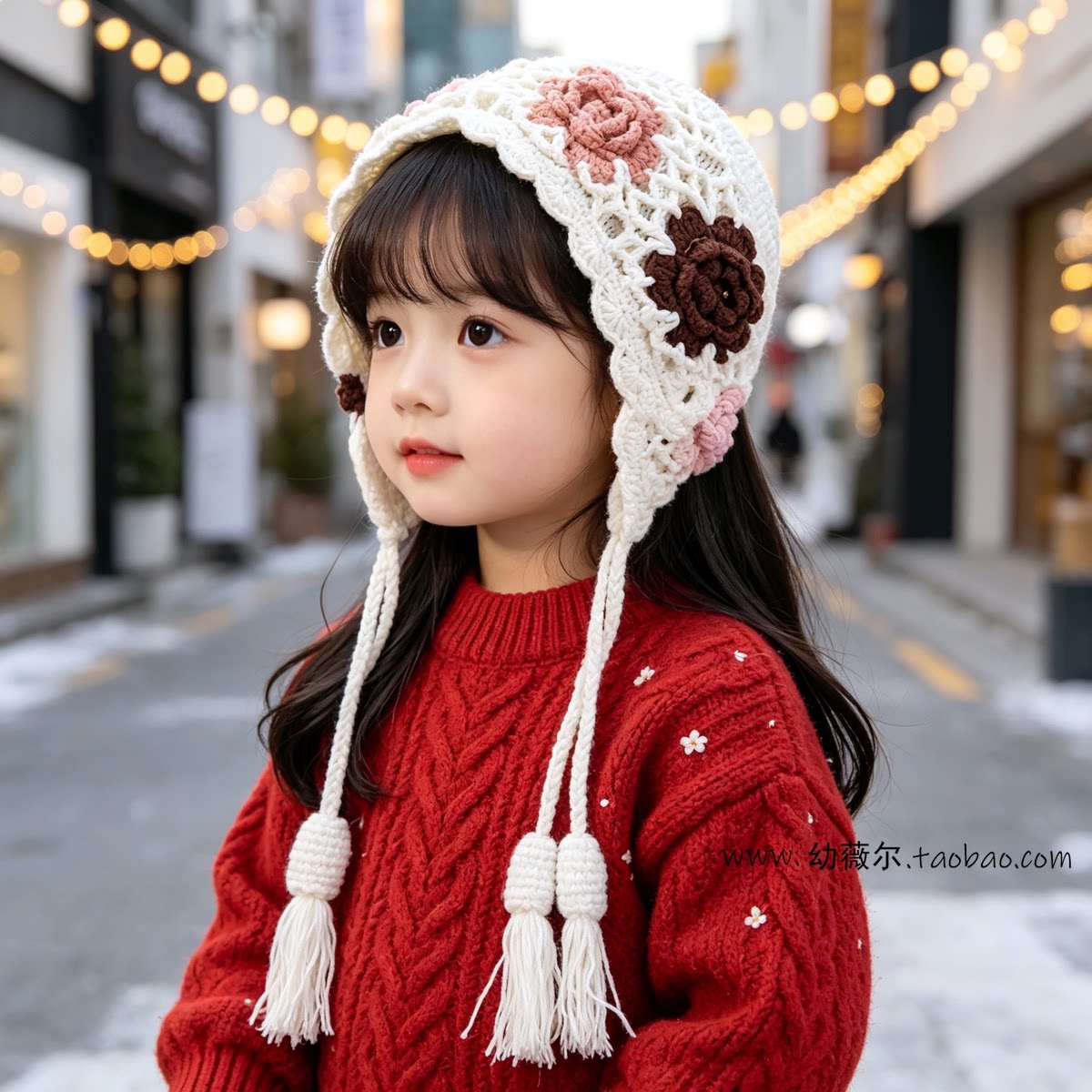 女童手工编织时尚花朵针织护耳帽女宝宝保暖加厚流苏毛线帽秋冬天