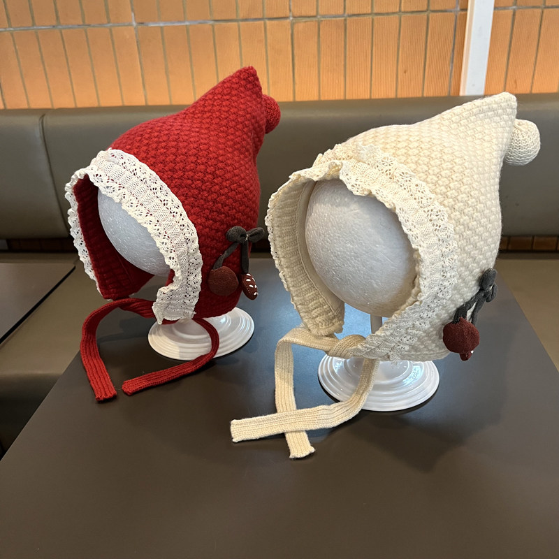 宝宝帽子护耳帽女孩可爱花边公主帽女童红色樱桃针织毛线帽秋冬款