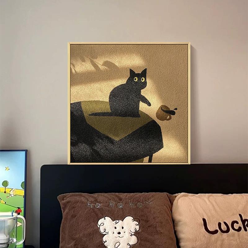 黑色可爱小猫咪肌理油画客厅装饰画抽象动物玄关卧室挂画图片
