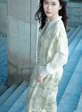 Yalia设计师品牌-新中式提花真丝抄色染连衣裙