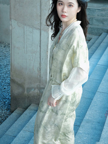 Yalia设计师品牌-新中式提花真丝抄色染连衣裙