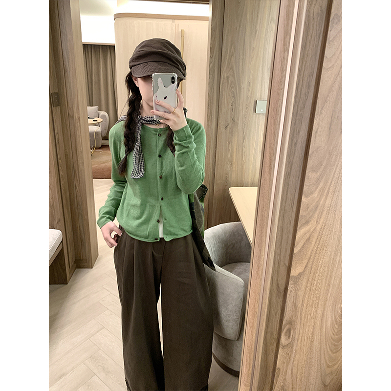 单排扣针织开衫咖色长裤两件套女