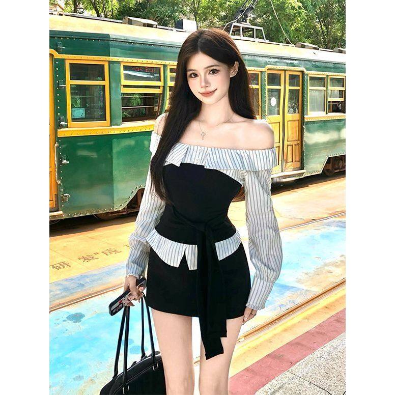 【伯德小姐】早秋拼接设计感百搭条纹上衣黑色半裙修身显瘦两件套