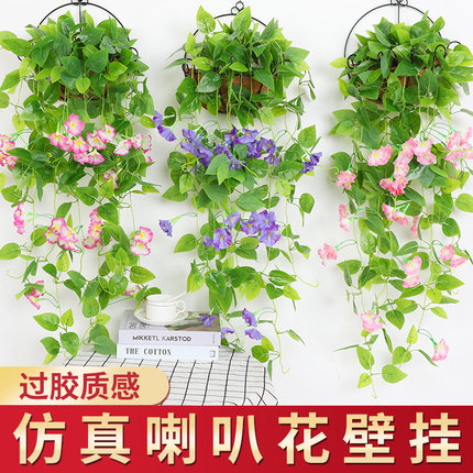 假花藤条仿真牵牛花假花室内客厅墙面装饰塑料吊兰吊篮壁挂喇叭花