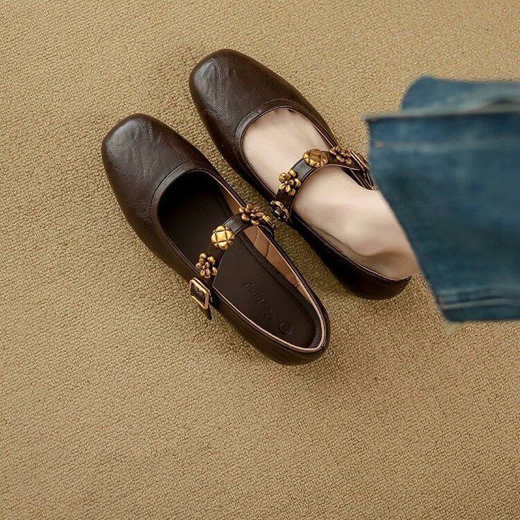 软羊皮~复古玛丽珍鞋女2026春款浅口单鞋平底一字扣小皮鞋子