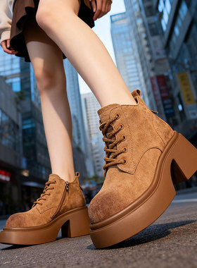 白色高跟7M马丁靴女款2025秋冬新款小个子厚底增高粗跟短靴in潮