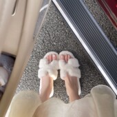 时尚 小香风方头平底H毛毛拖鞋 外穿2025秋冬季 百搭居家一字棉拖女