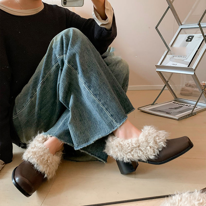 软皮版~方头毛毛鞋复古加绒保暖