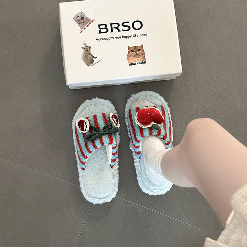 条纹樱桃毛毛拖女秋冬潮