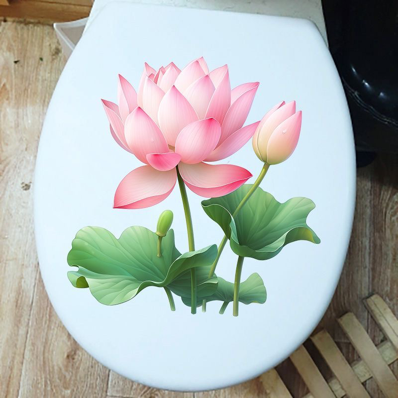 清新花卉厕所马桶盖贴纸防水自粘墙体浴室个性创意装饰荷花贴画图片