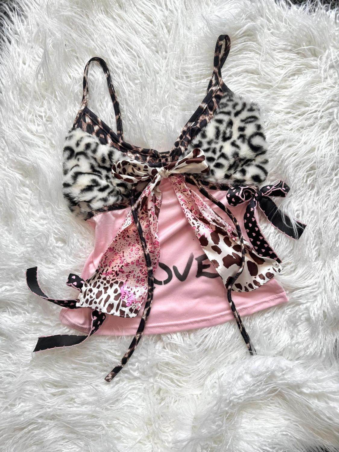 thumbnail for American vintage Shibuya pink memory leopard print love polka dot bow LVEO print hot girl camisole top