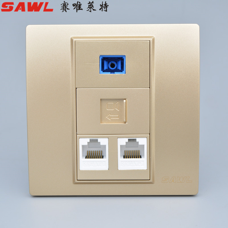 香槟金86型三位网络网线光纤插座 SC光纤带3个免打线电脑模块面板图片