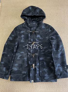 BAPE黑迷彩牛角扣毛呢大衣