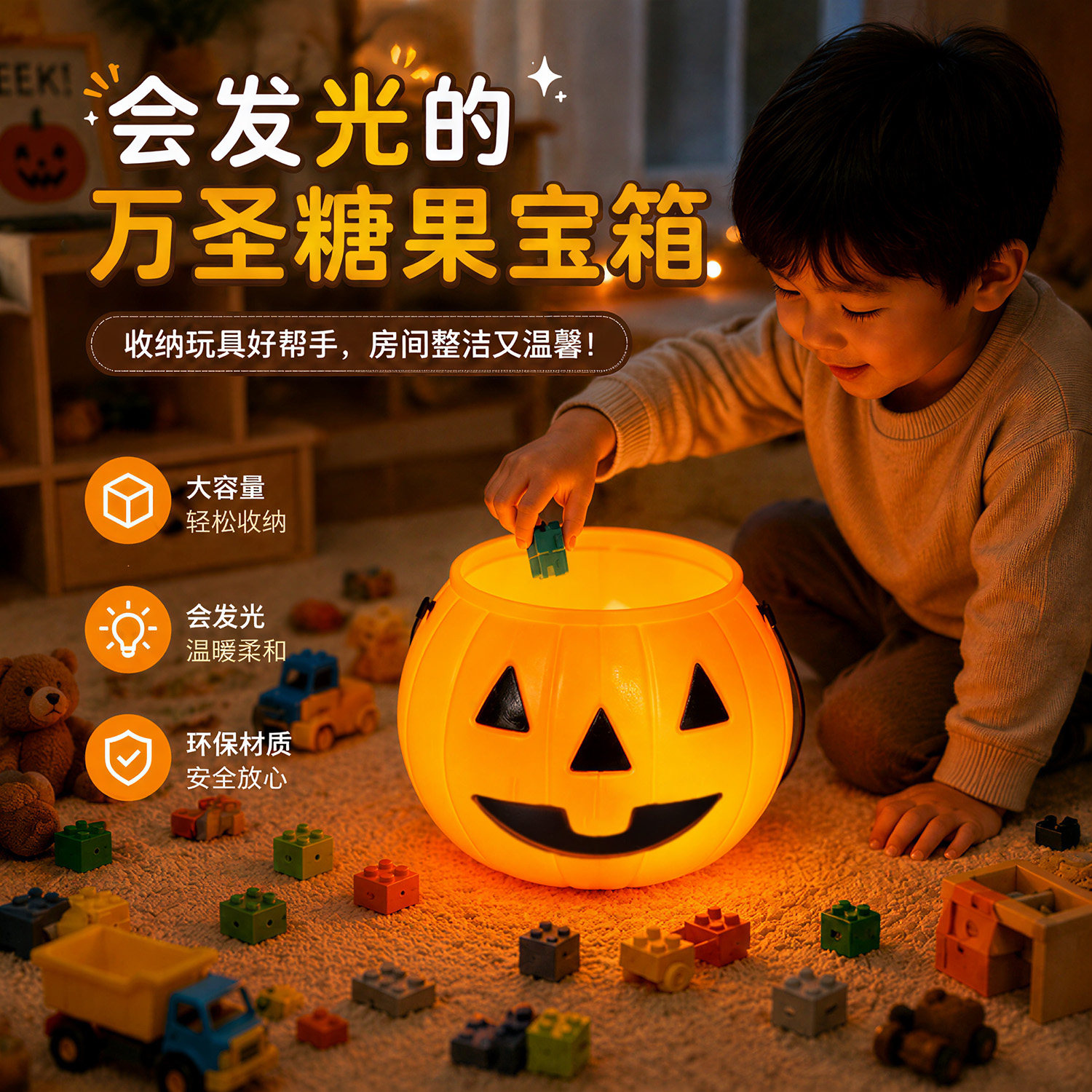 万圣节南瓜灯儿童手提南瓜桶糖果篮子讨糖桶场景装饰布置发光玩具