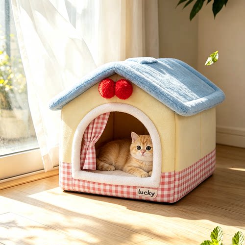 冬季猫咪居家半封闭式安全感宠物窝高颜值房子造型自带门帘款猫窝