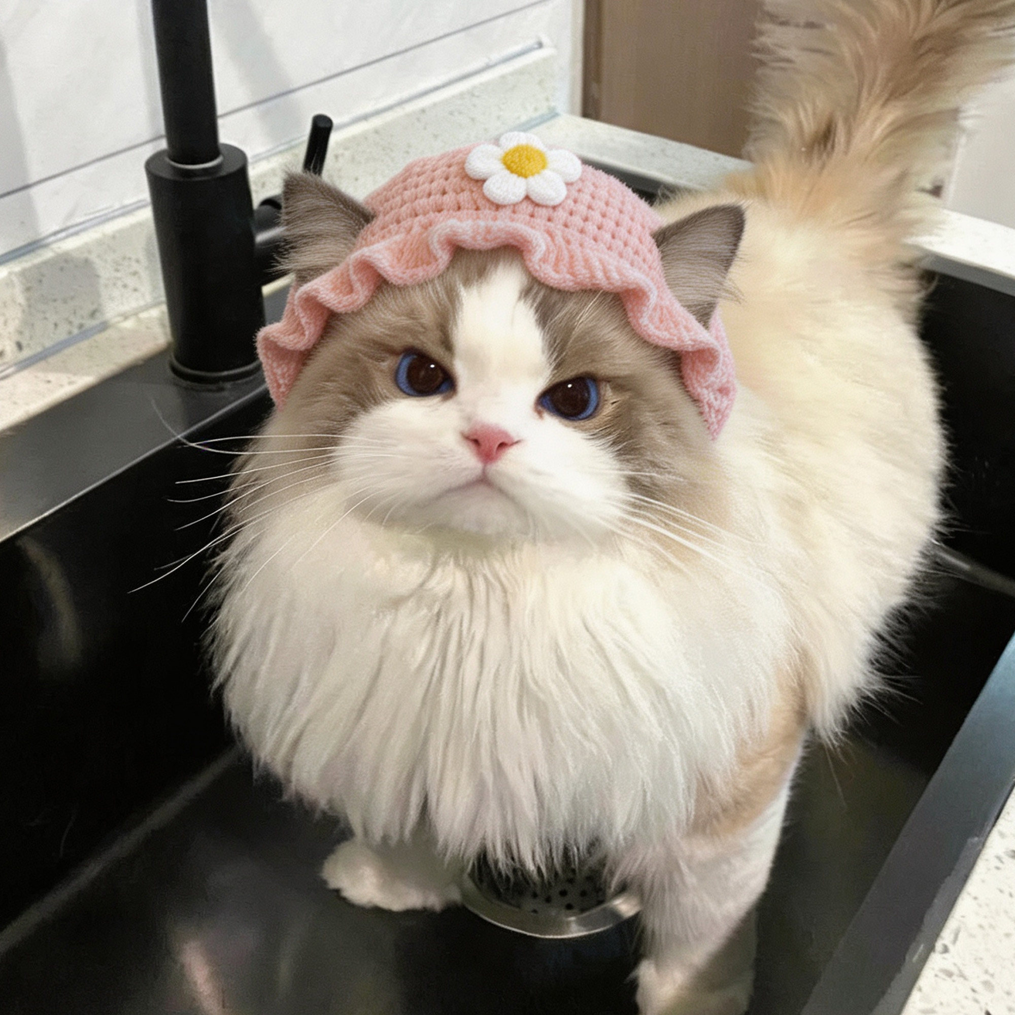 猫咪秋冬保暖帽个性款手工编织毛线可爱造型布偶卡通帽子宠物用品