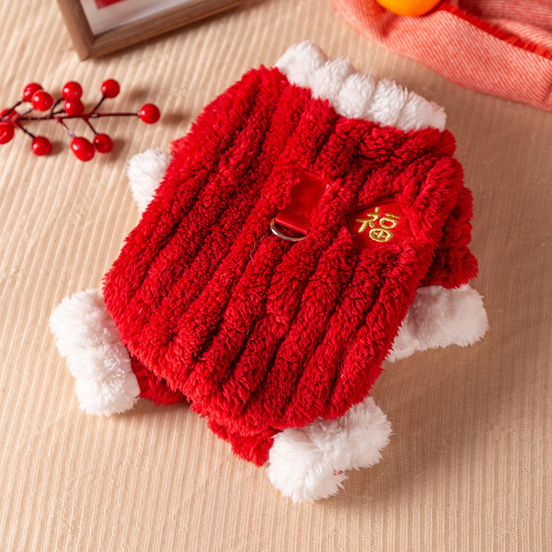 狗狗新年衣服2025新款冬小狗比熊冬天可牵引红色喜庆拜年四脚绒衣