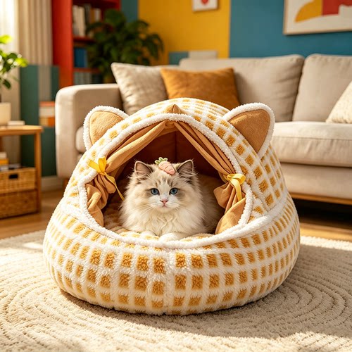 冬天猫咪保暖安全感摇篮造型窝布偶猫美短猫猫居家自带门帘款猫窝
