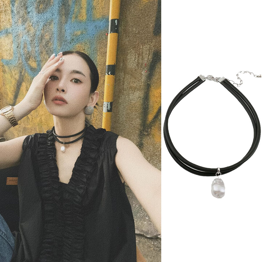 ins网红董董同款巴洛克珍珠水滴项链女原宿风黑色皮绳颈链锁骨链
