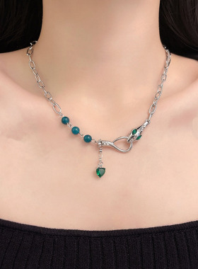 绿色宝石串珠锁骨链爱心短款项链