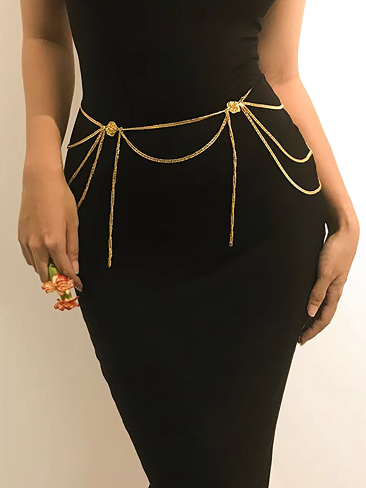 金色链条流苏腰链小玫瑰花腰带女