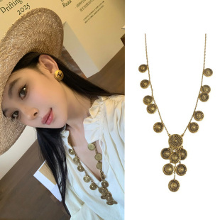 老钱风复古金属罗盘圆片圆币项链女重工黄铜流苏长款毛衣链耳环