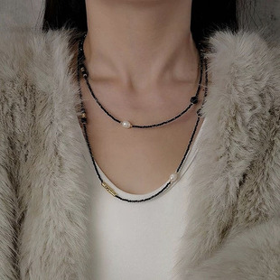 设计感多层叠戴18K金黑尖晶石项链女天然黑曜石淡水珍珠长毛衣链