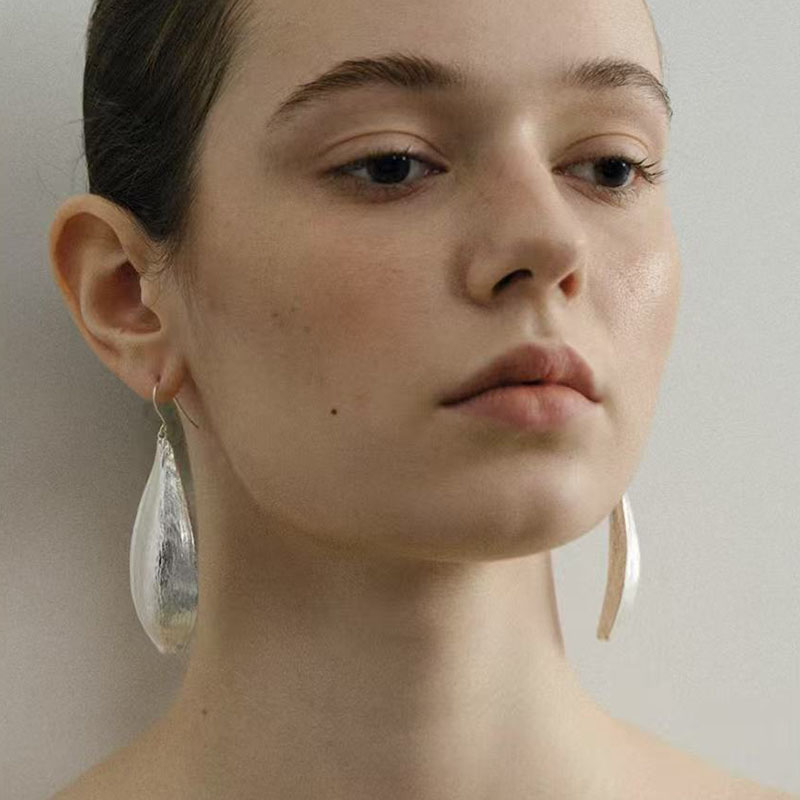 欧美高级感夸张金属拉丝肌理纹树叶耳环女贝壳耳夹耳饰耳钩项链