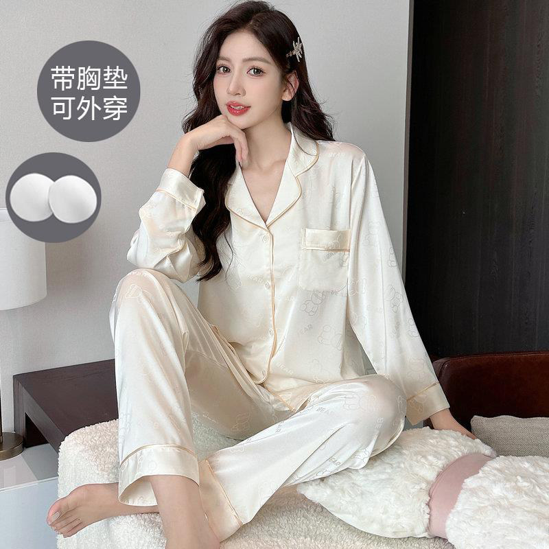 高级感带胸垫长袖衬衫真丝睡衣女士秋季薄款长裤套装桑蚕丝家居服
