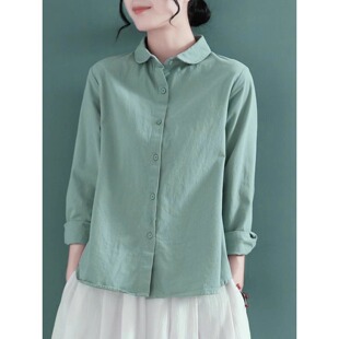 小众别致上衣2026春秋复古文艺全棉衬衫 休闲娃娃领棉麻衬衣 女长袖