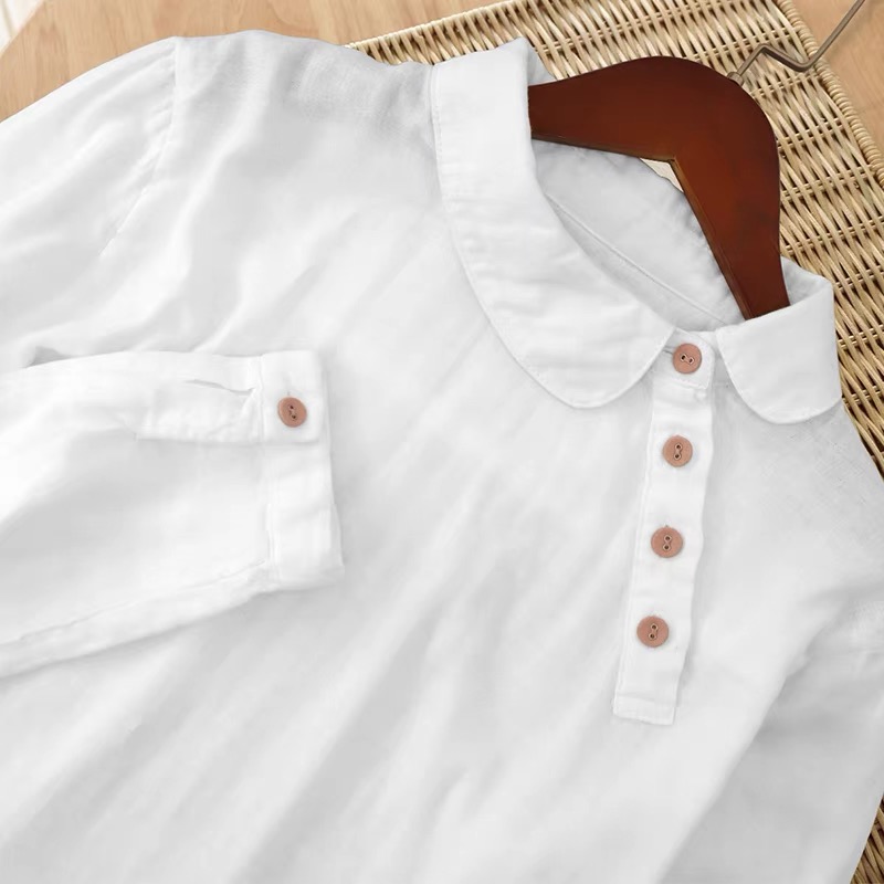 今世本香衬衫不对称娃娃领长袖棉