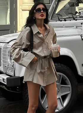 KLIOU 街头时尚慵懒风复古卡其色衬衫连衣裙女气质显瘦百搭短裙潮