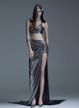 KLIOU 赛博朋克未来感银色荡领连帽背心开叉褶皱显瘦拖地半身裙女