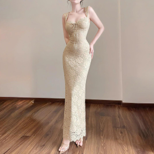 KLIOU 气质复古高级肌理感无袖连衣裙女紧身显身材包臀辣妹长裙夏