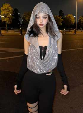 KLIOU 酷girl炸街个性拉链挂脖T恤外搭亮片连帽背心显瘦两件套 潮