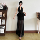 KLIOU 轻熟御姐风黑色V领挂脖连衣裙网纱拼接透视显瘦假两件长裙