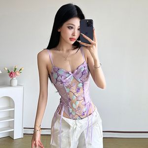 KLIOU 性感神秘紫罗兰色系透视吊带背心女系带显瘦收腰打底连体衣