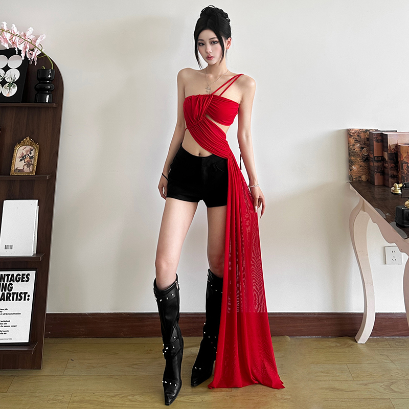 KLIOU 热辣甜酷明艳感镂空无袖背心女心机大露背显瘦不规则上衣潮