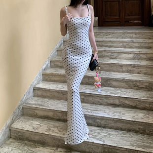 KLIOU 港味甜酷复古蝴蝶结露背波点连衣裙女紧身显身材包臀长裙夏