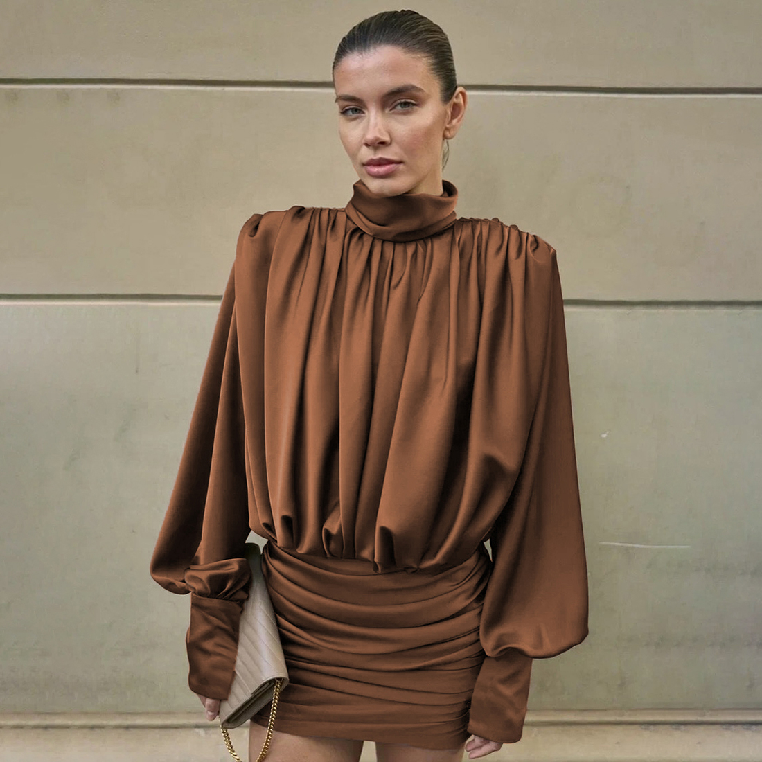 KLIOU 欧美ins时尚复古高级感 连衣裙女气质小众褶皱显瘦包臀短裙