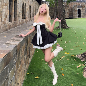 KLIOU 甜酷辣妹风撞色蝴蝶结抹胸连衣裙显瘦高腰蓬蓬短裙两件套女