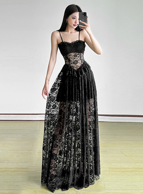 KLIOU 法式御姐风黑色蕾丝拼接吊带连衣裙女小众显瘦掐腰辣妹长裙