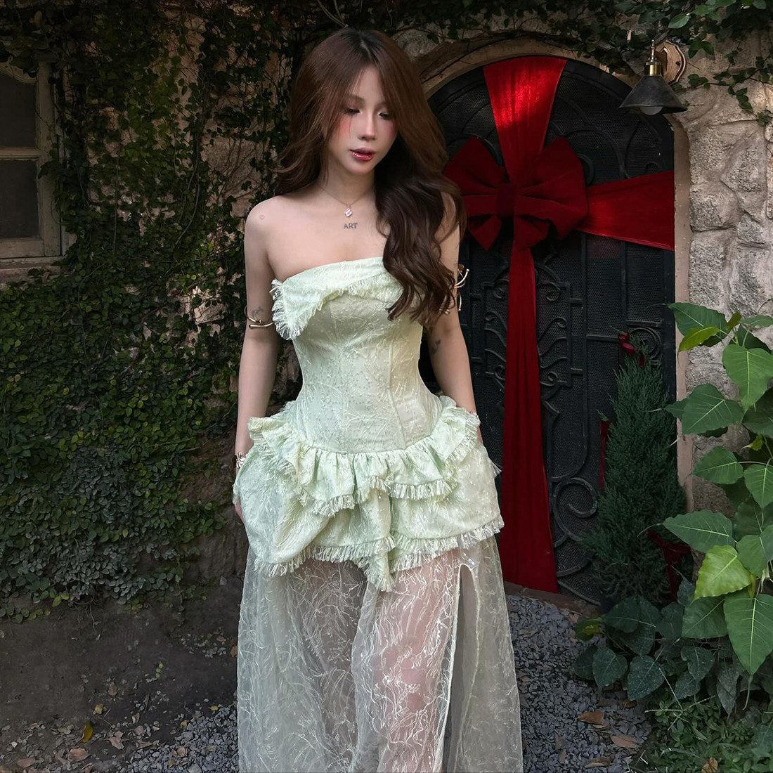 KLIOU 纯欲森系少女感俏皮别致抹胸连衣裙女蕾丝拼接减龄显瘦长裙