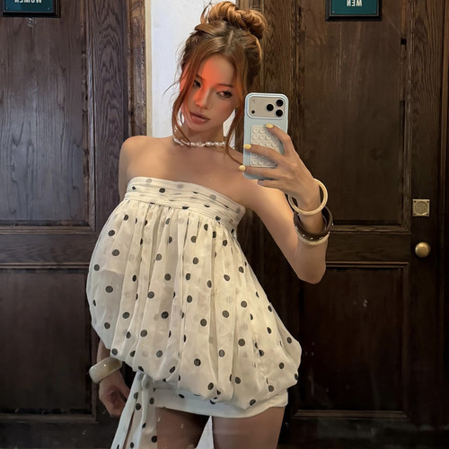 KLIOU 奶欲复古杏色波点抹胸连衣裙女设计感系带显瘦包臀辣妹短裙