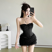 时尚 KLIOU 甜酷辣妹风复古黑色抹胸背心设计感显瘦百搭短裤 两件套