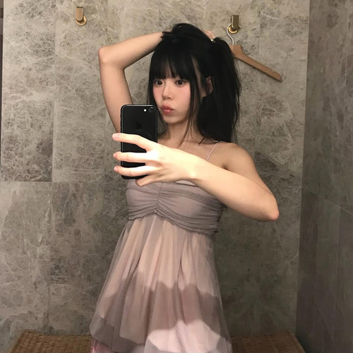KLIOU 复古氛围感时尚辣妹吊带背心女网纱拼接显瘦遮肉百搭短上衣