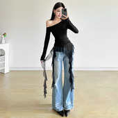 KLIOU T恤女小众不规则显瘦上衣秋 甜辣御姐风荷叶边拼接斜肩长袖