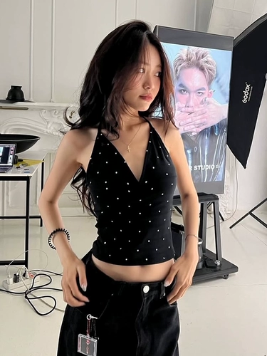 Брендовая ретро майка топ, французский стиль, V-образный вырез, по фигуре, облегающий крой