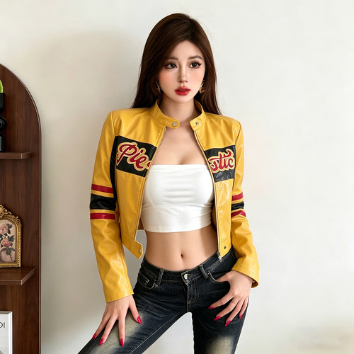 KLIOU 酷飒机车风时尚个性印花PU皮外套女短款显瘦高腰露脐上衣潮