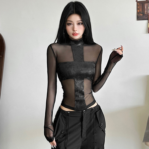 KLIOU 酷飒拽姐风个性黑色网纱透视长袖T恤女显瘦修身辣妹上衣潮
